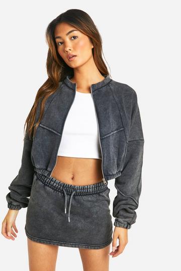 Washed Seam Detail Bomber And Sweat Skirt Set charcoal