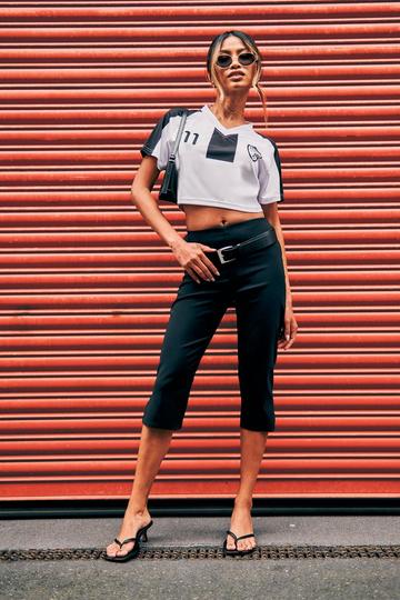 White Paris Slogan Colour Block V Neck Crop Football Top