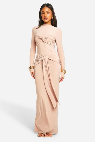 Nude Ruched Twist Detail Maxi Dress