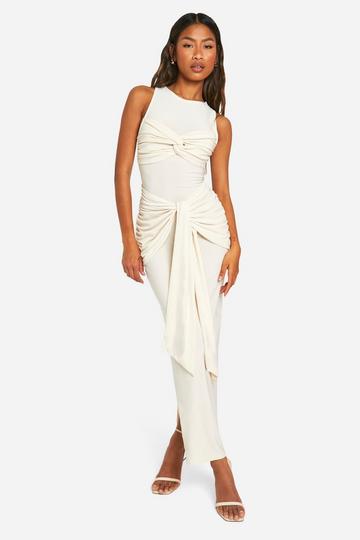 Ruched Twist Detail Racer Neck Maxi Dress cream