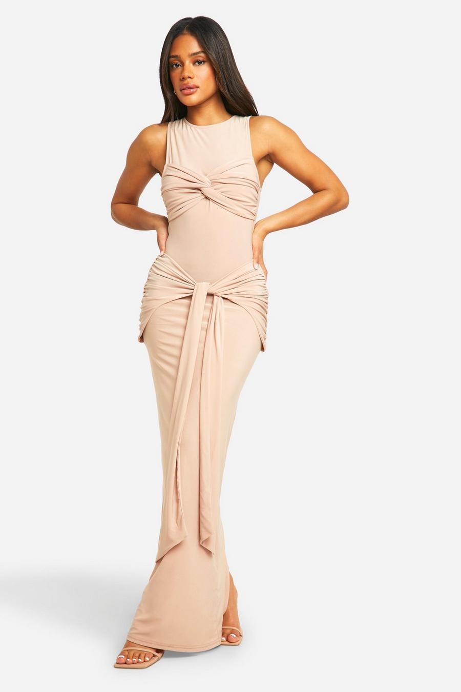 Nude Ruched Twist Detail Racer Neck Maxi Dress image number 1