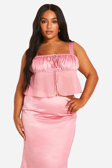 Plus Tie Front Ruffle Hem Satin Top baby pink