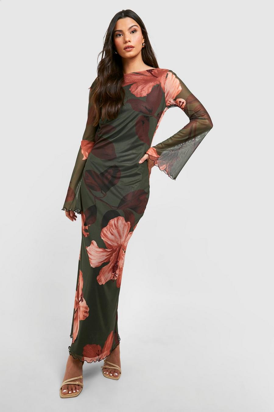 Robe longue en mesh à imprimé hibiscus, Khaki image number 1