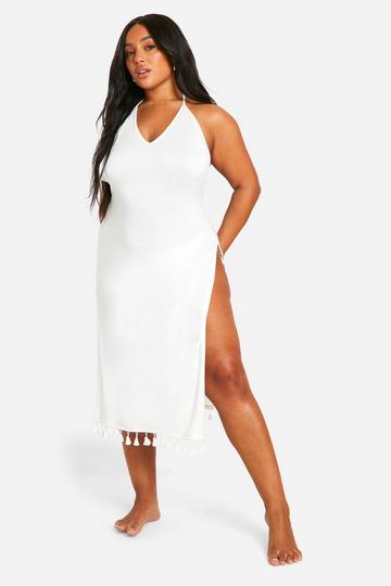 Plus Tassel Hem Split Beach Dress white