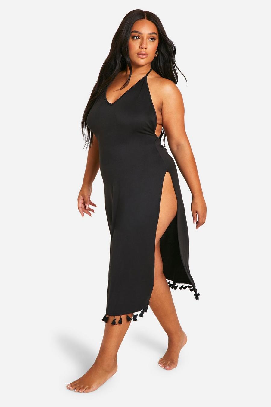 Black Plus Tassel Hem Split Beach Dress