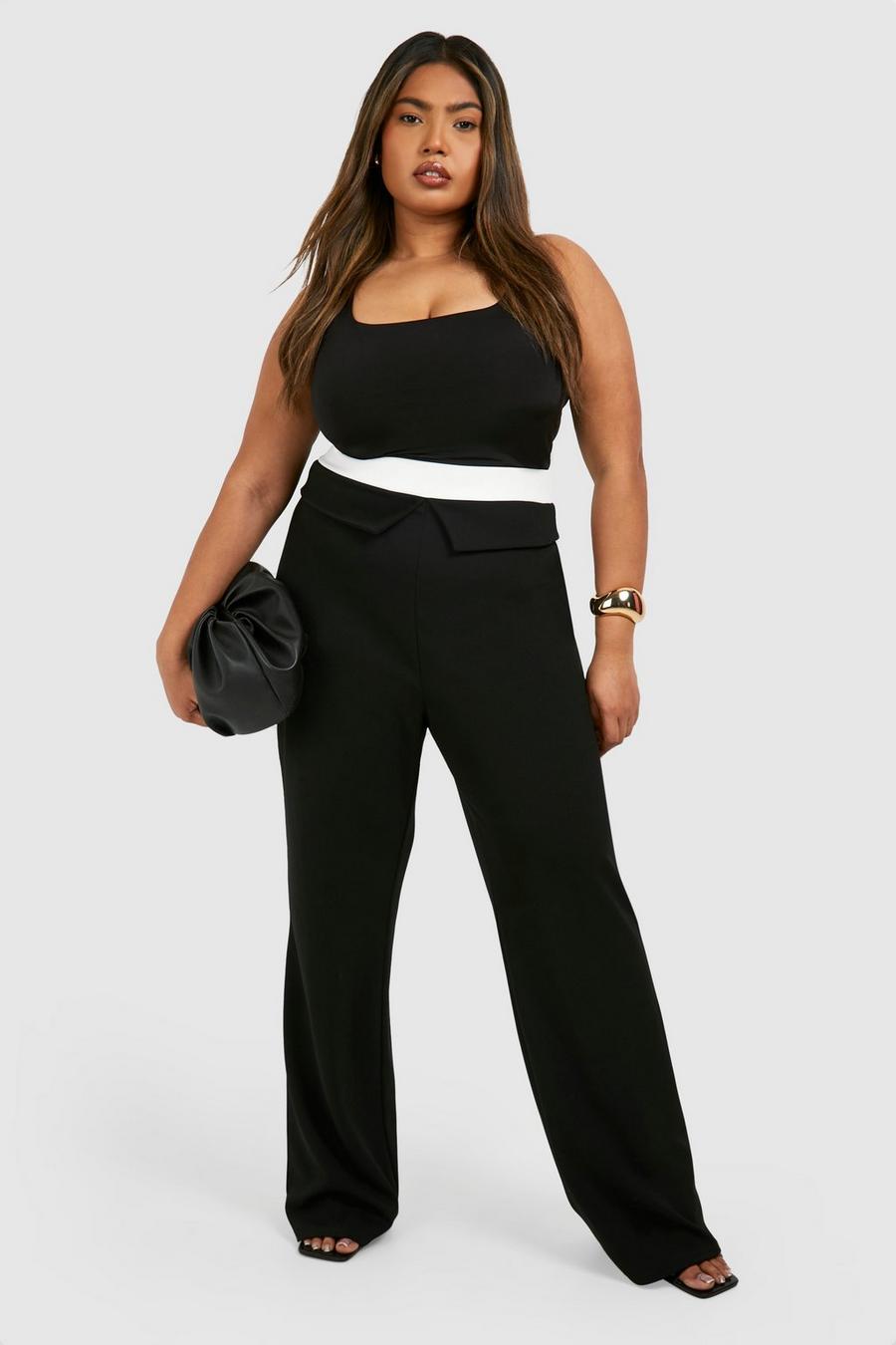 Black Plus Jersey Knit Contrast Fold Over Waistband Pants