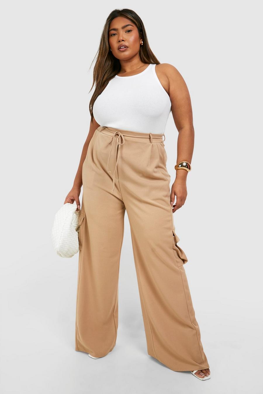 Pantaloni a gamba ampia Plus Size in jersey con tasche, Stone image number 1