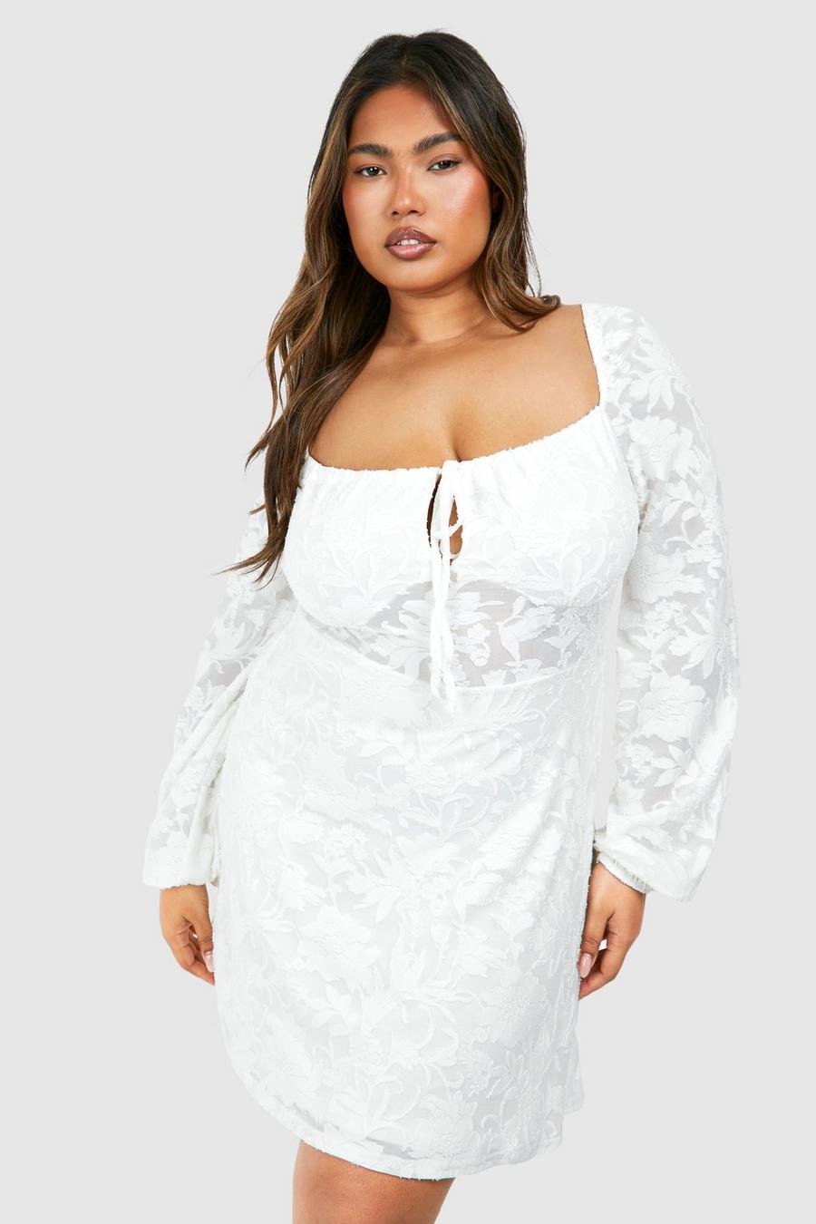 Grande taille - Robe patineuse fleurie texturée, White image number 1