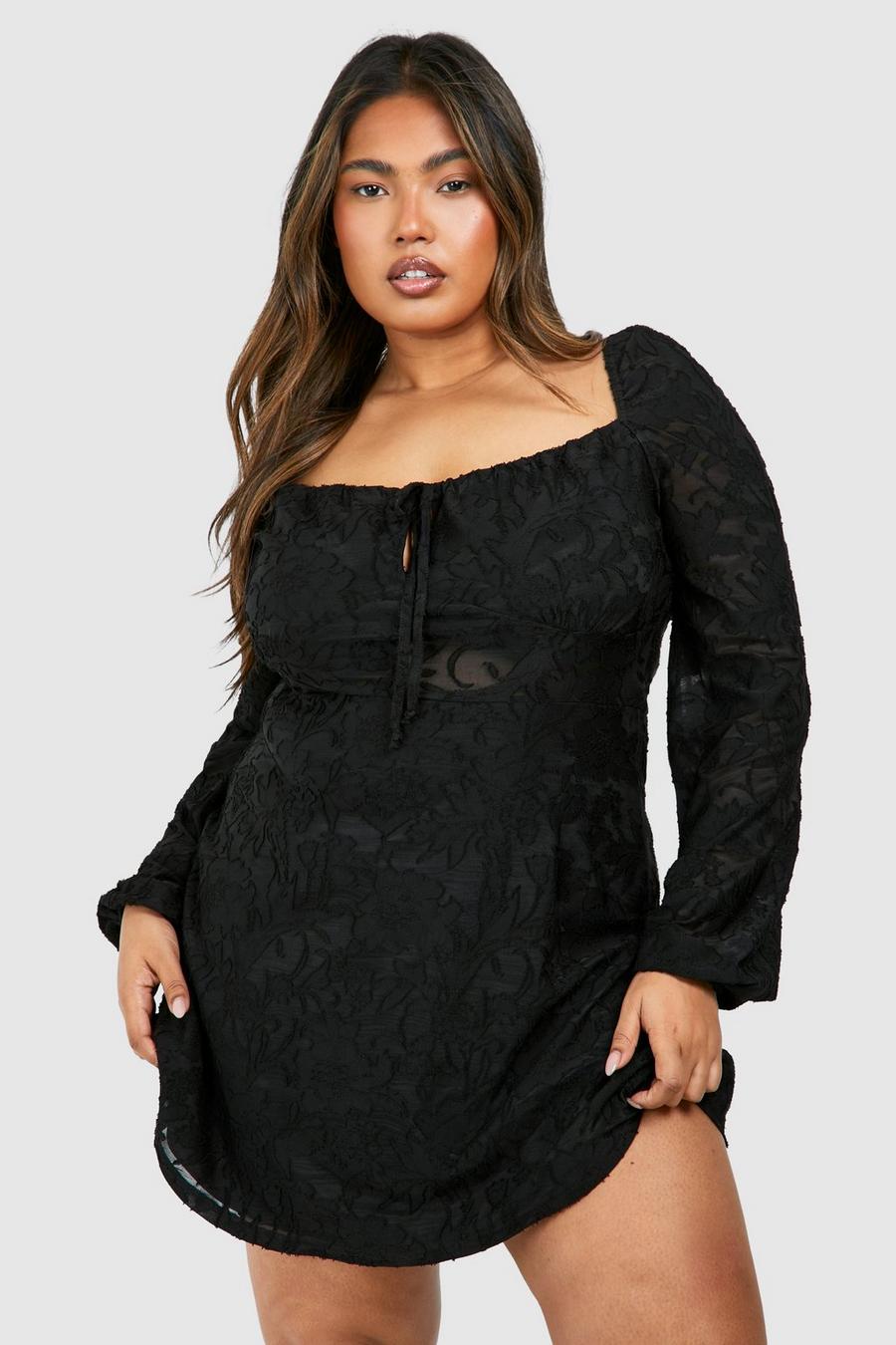 Grande taille - Robe patineuse fleurie texturée, Black image number 1