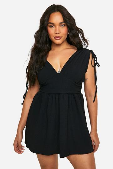 Plus Textured V Neck Tie Detail Smock Dress black