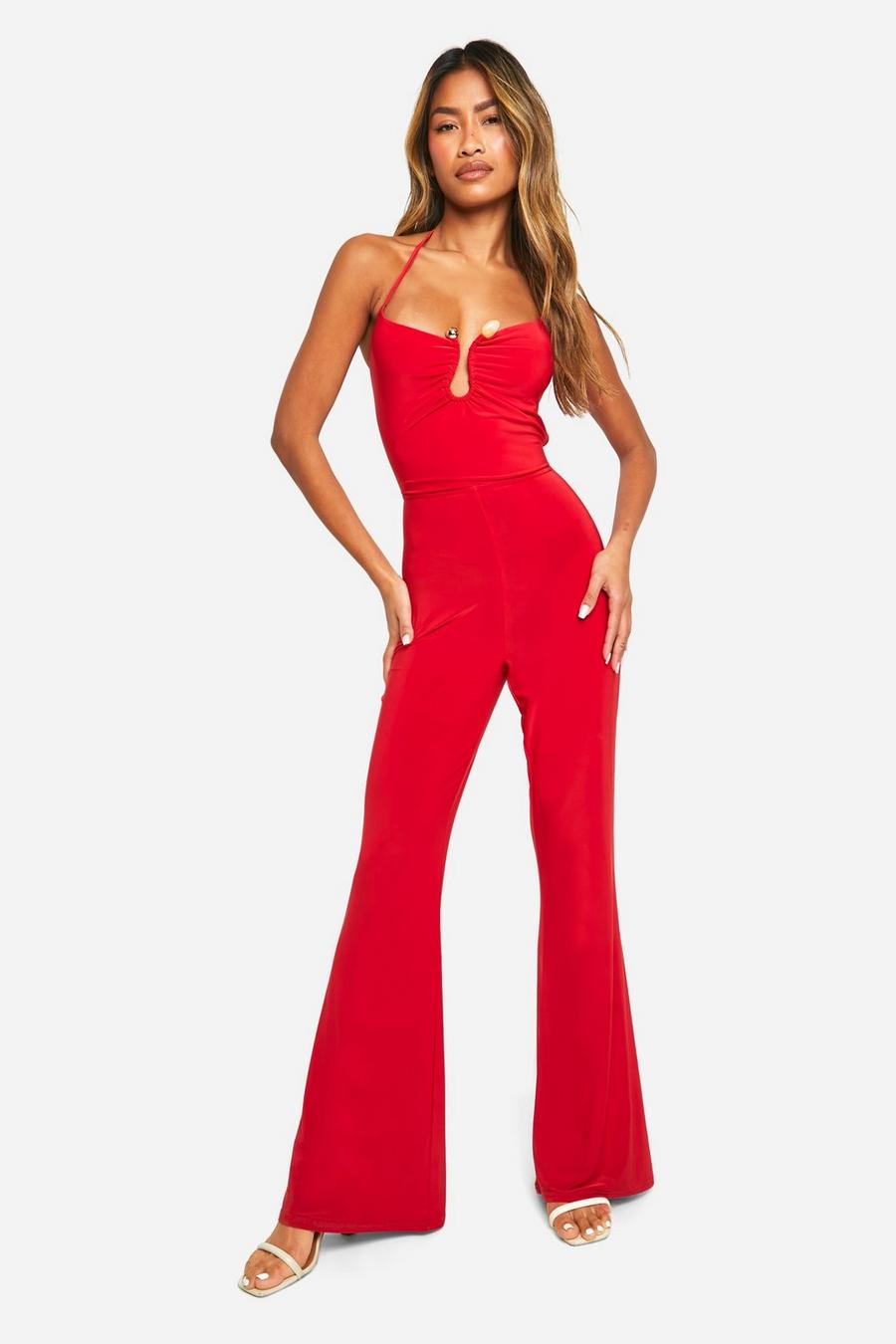 Red Slinky Open Back Ruched Bum Jumpsuit