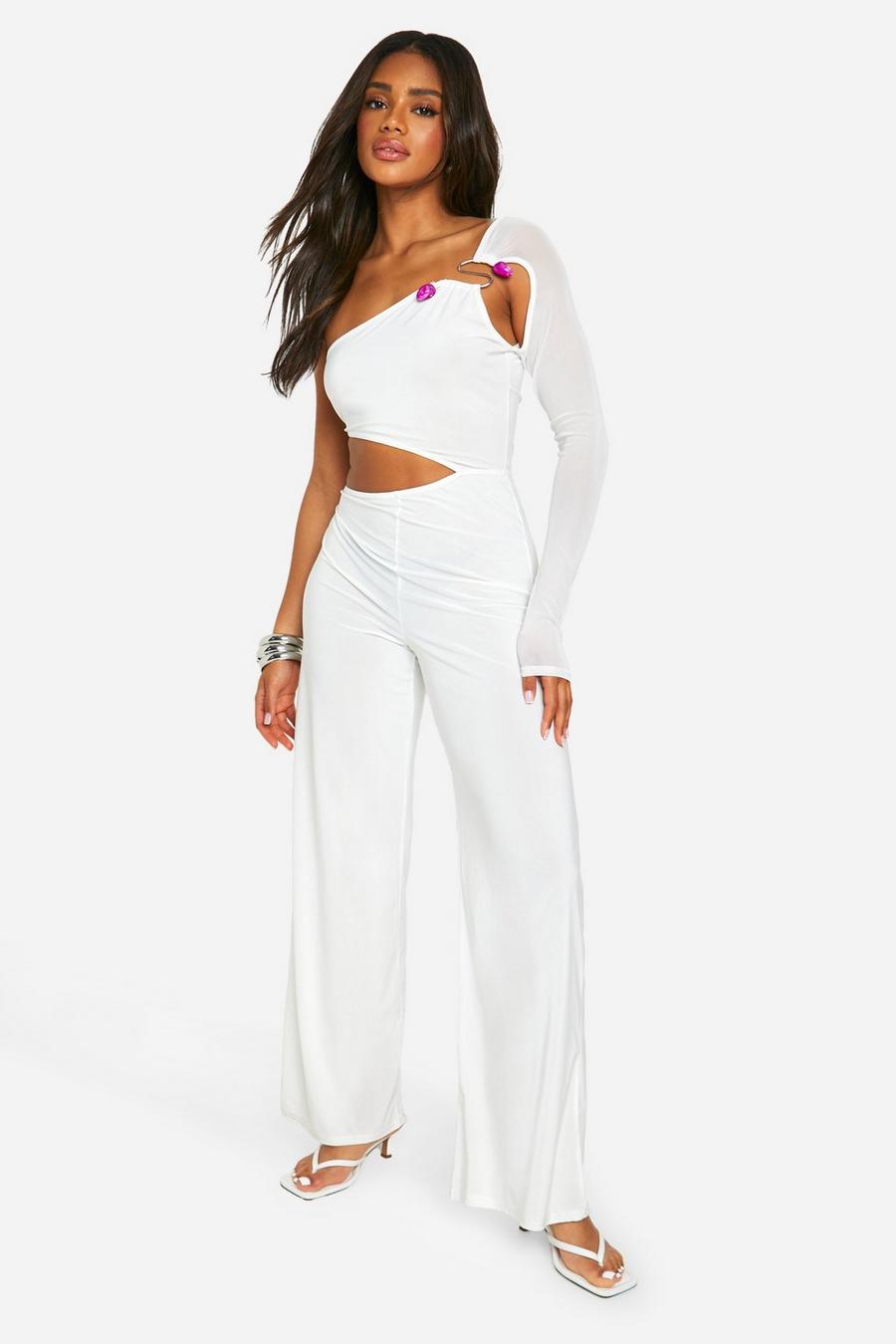 Cream Slinky Cut Out Wide Leg Jumpsuit image number 1