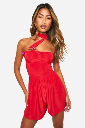 Slinky Asymetric Wrap Around Halterneck Flippy Playsuit red