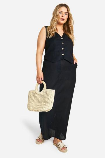 Plus Linen Look Printed Maxi Skirt black