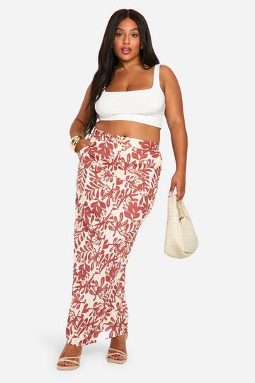 Plus Linen Look Abstract Printed Maxi Skirt brown