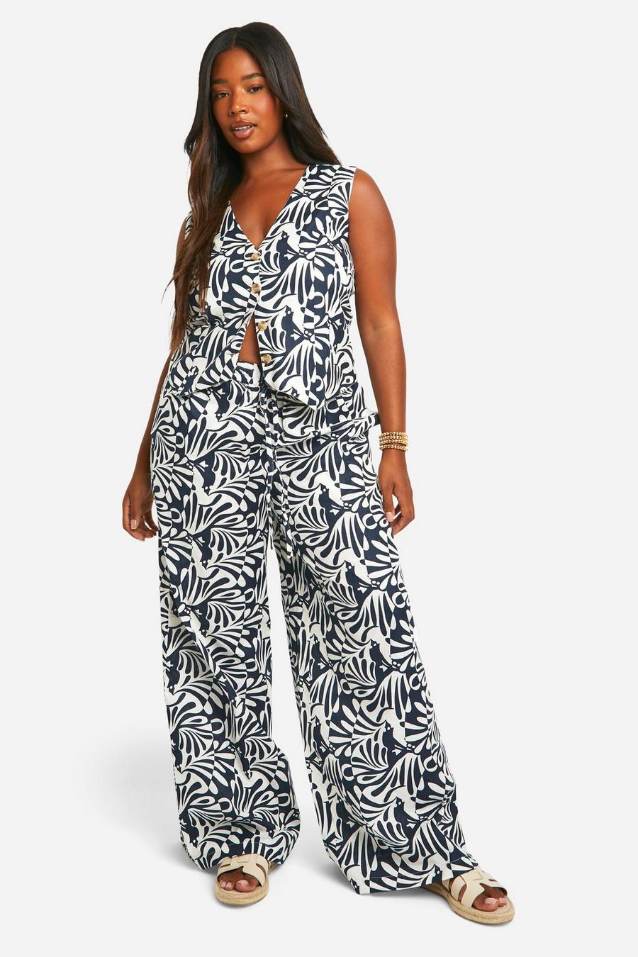 Black Plus Linen Abstract Printed Wide Leg Trouser 
