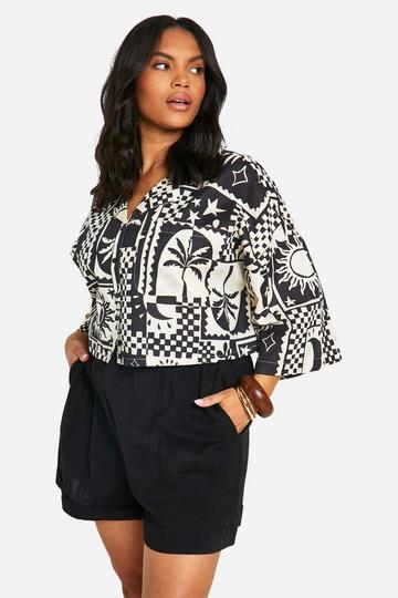 Black Plus Linen Look Printed Shirt