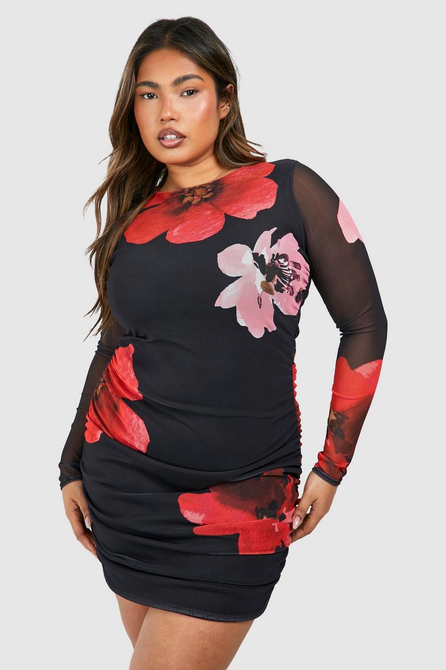 Black Plus Plus Printed Ruched Bodycon Dress image number 1