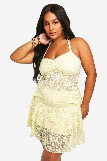 Lemon Yellow Plus Lace Halter Top