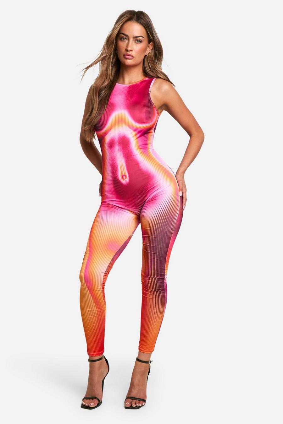 Pink Body Print Slinky Sleeveless Unitard Jumpsuit image number 1