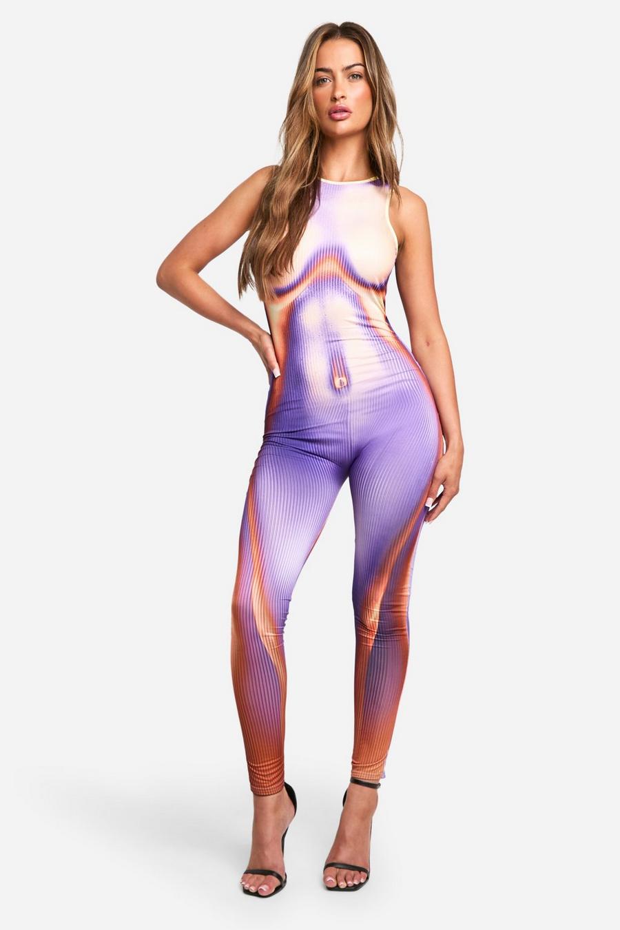 Purple Body Print Slinky Sleeveless Unitard Jumpsuit image number 1