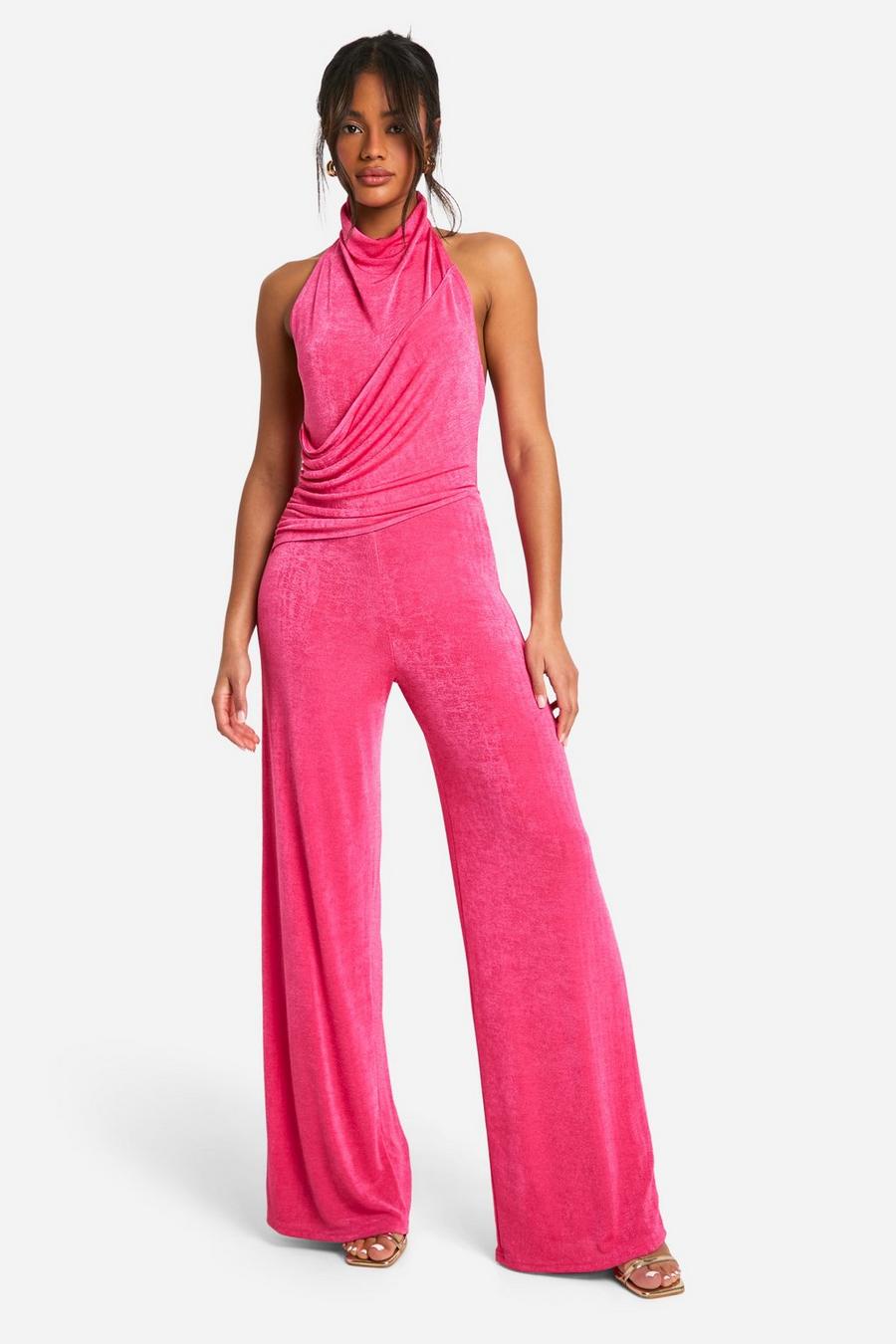 Recycelter drapierter Neckholder-Jumpsuit mit weitem Bein, Pink