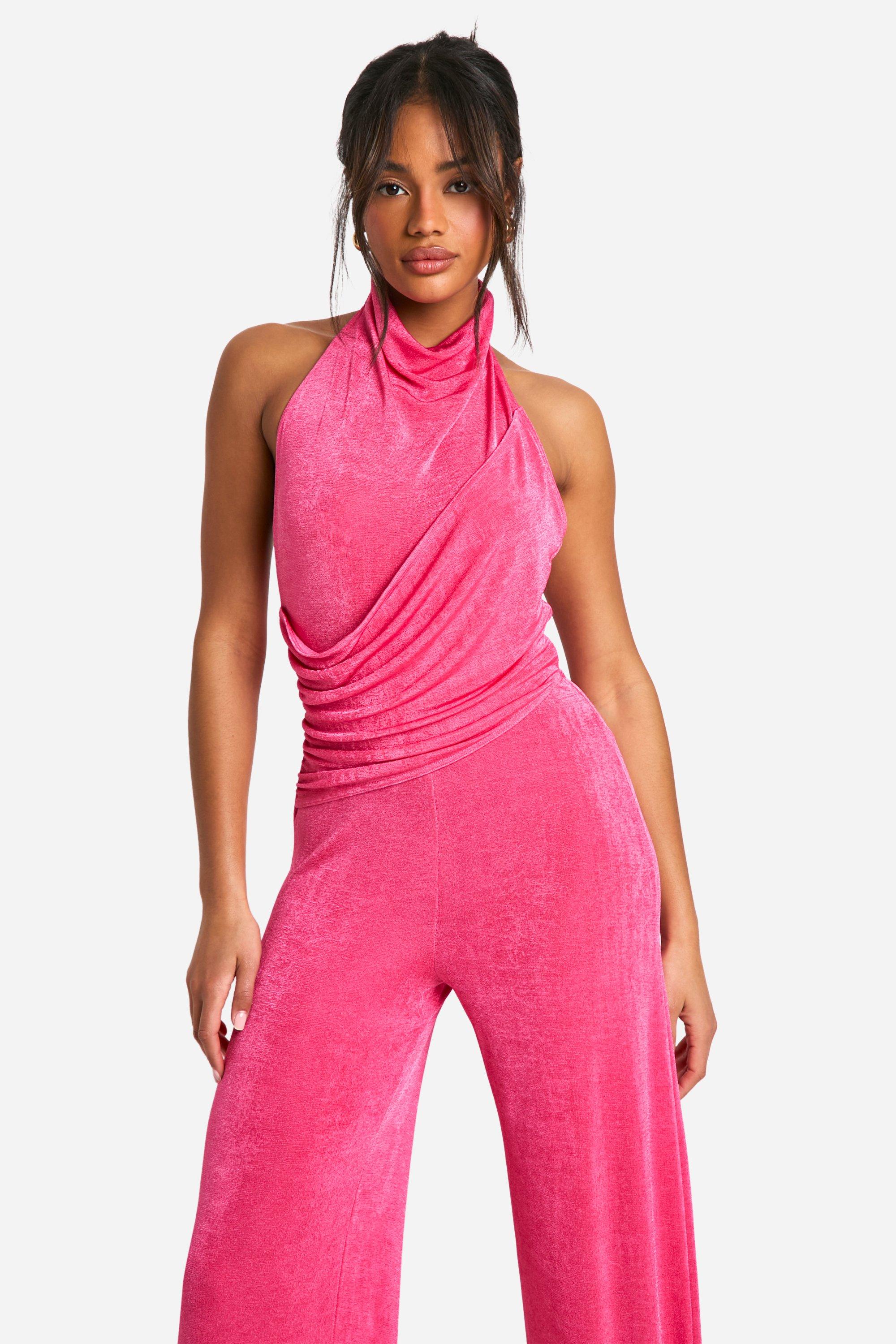 Slinky Halterneck Draped Wide Leg Jumpsuit boohoo