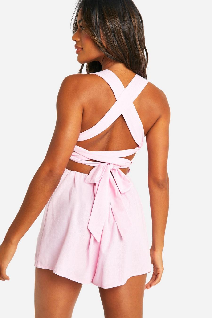 Pink Lace Back Linen Look Playsuit image number 1