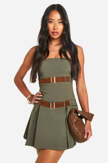 Double Belt Trim Tennis Skort Romper khaki