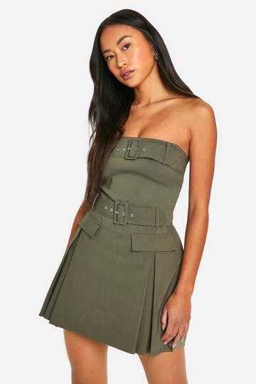 Double Belt Trim Skort Romper khaki