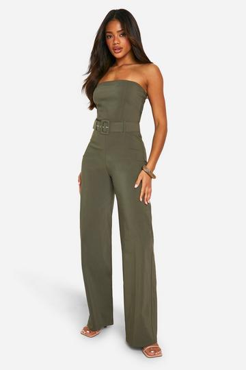 Belt Trim Bandeau Wide Leg Jumpsuit khaki