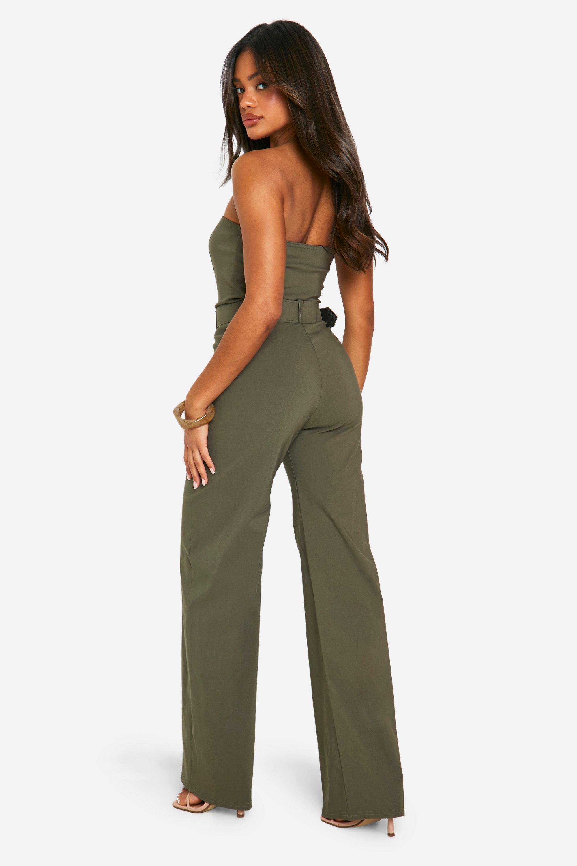 boohoo Belt Trim Bandeau Wide Leg Jumpsuit Green Size 10