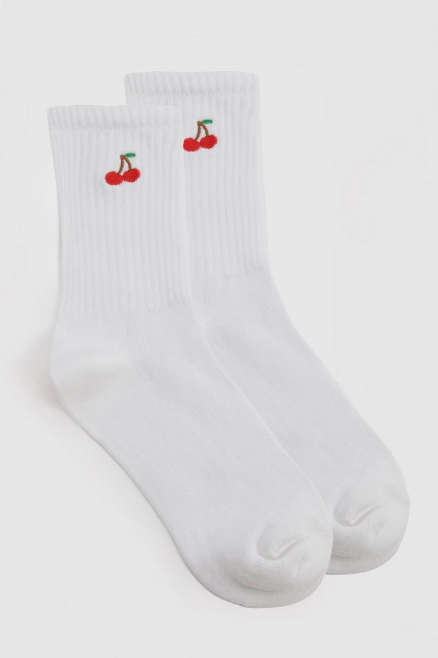 White Embroidered Cherry Socks  