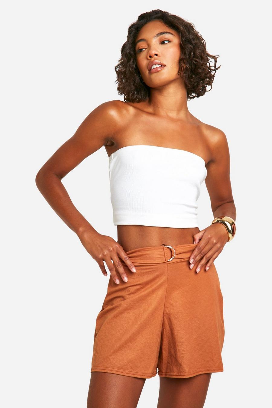 Rust Tall Linen Look Belted Flippy Shorts  image number 1