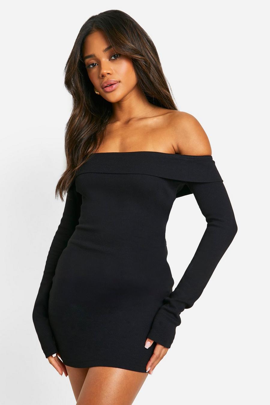 Black Basic Rib Off The Shoulder Mini Dress image number 1