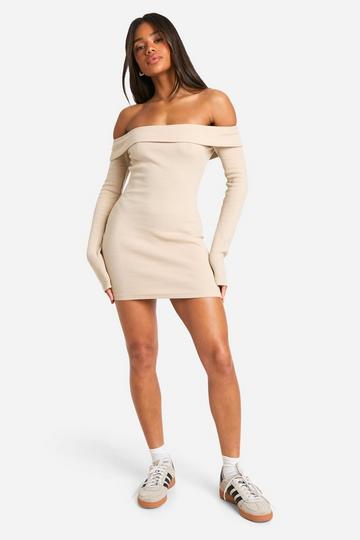 Stone Beige Basic Rib Bardot Mini Dress