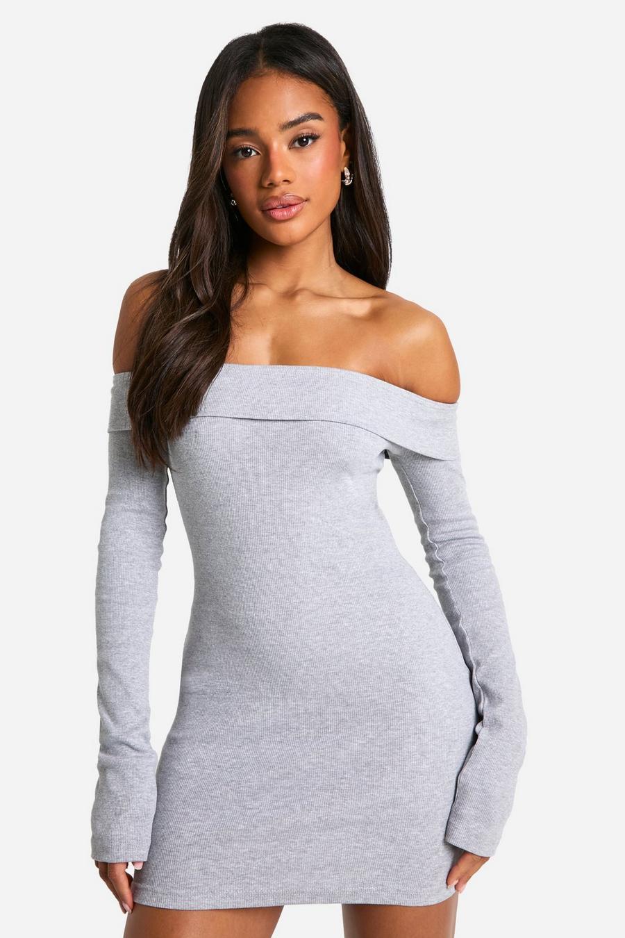Grey marl Basic Rib Off The Shoulder Mini Dress image number 1