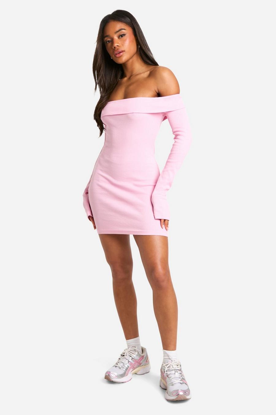 Pink Basic Rib Bardot Mini Dress   image number 1