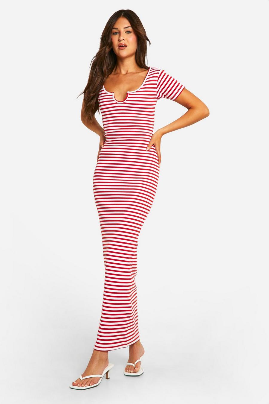 Red Basic Stripe Rib Notch Maxi Dress   image number 1