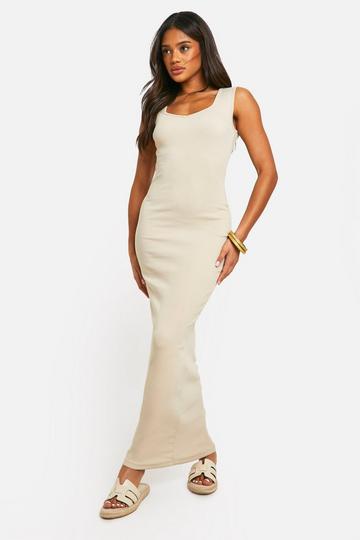 Stone Beige Basic Rib Sweetheart Neck Maxi Dress