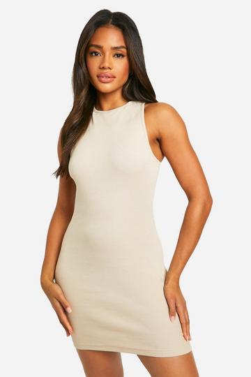 Stone Beige Basic Rib Racer Neck Mini