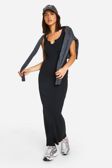 Basic Rib Notch Maxi Dress black