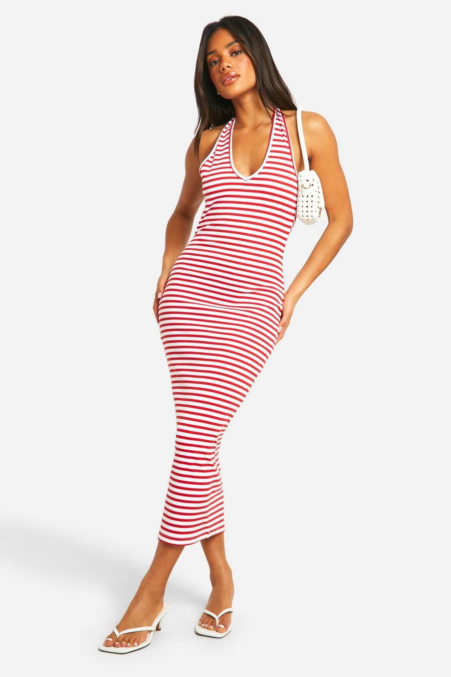 Red Basic Rib Stripe Plunge Hlater Midaxi Dress image number 1