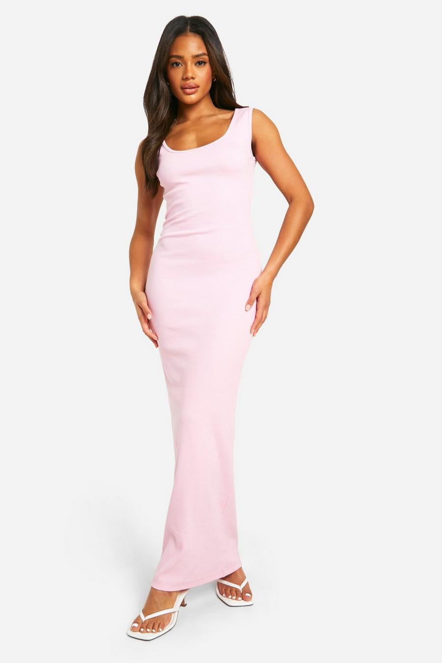Vestido maxi básico de canalé con escote en U, Pink image number 1