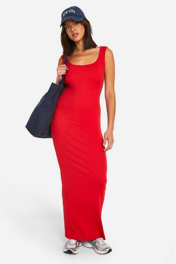 Basic Geribbelde Maxi Jurk Met Lage Ronde Hals red