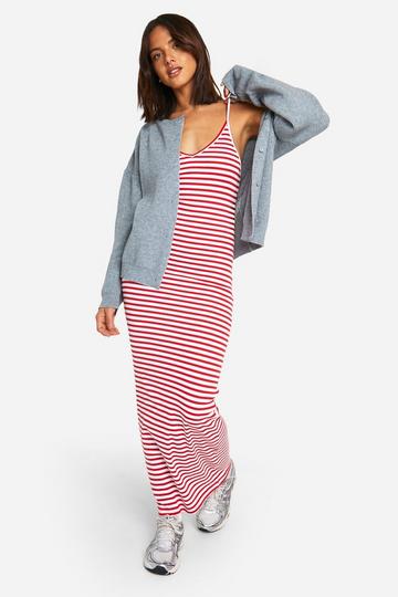 Basic Rib Stripe V Neck Maxi Dress red