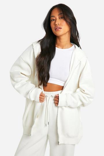 Ecru White Dsgn Studio Embroidered Zip Through Oversized Hoodie