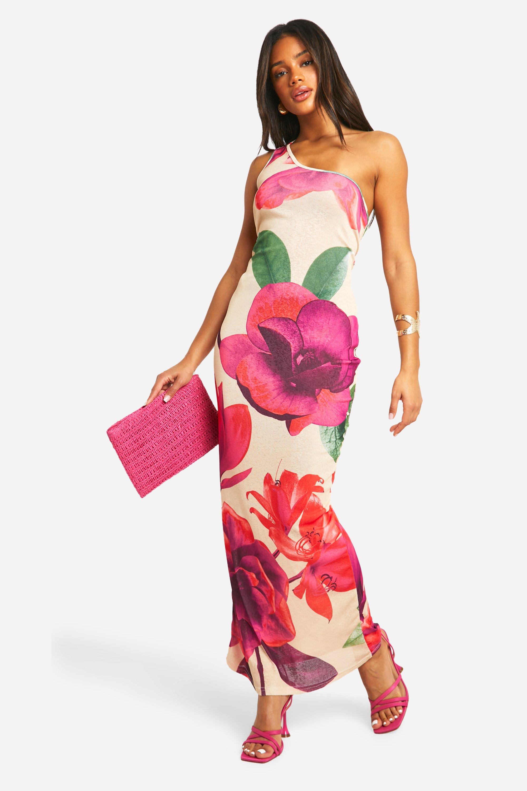 Sheer Floral One Shoulder Open Back Maxi Dress