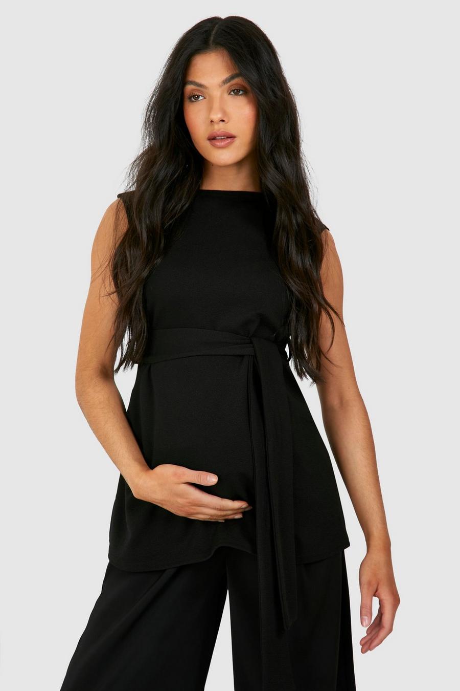 Black Maternity Sleeveless Belted Crepe Top image number 1