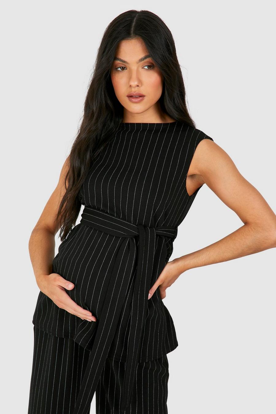 Black Maternity Sleeveless Belted Pinstripe Crepe Top image number 1
